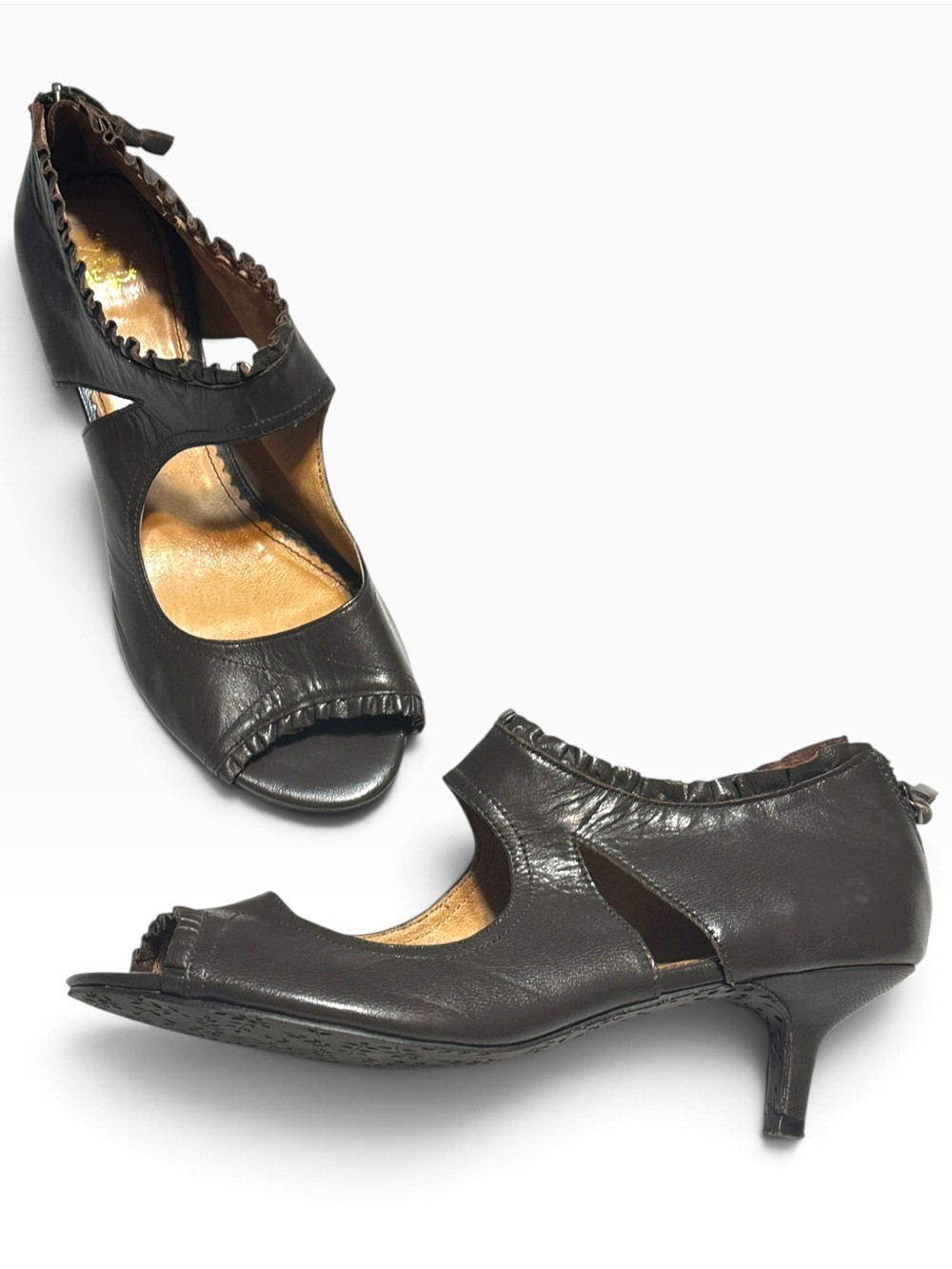 Anthropologie Miss Albright Brown Leather Peep-Toe Kitten Heels Ruffle Trim 8.5